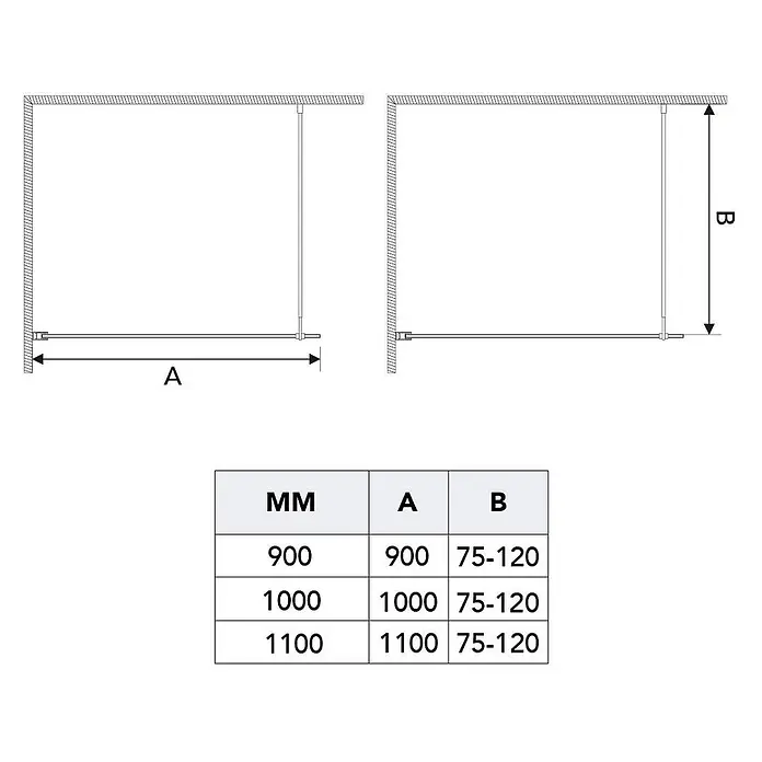 Kiamami Valentina Duschwand - B x H: 35 x 1.900 cm, Transparent - Metall-Kleiderstangensystem, abgehängt, mit Maßen für Längen 900-1100mm und verstellbarer Aufhängehöhe 75-120mm.