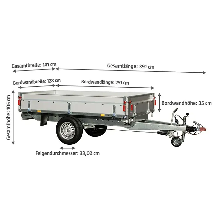 Stema Anhänger BASIC SH 1000-25-13.1 - Nutzlast: 764 kg, Einachser, Kasteninnenmaß: 251 x 128 x 35 cm, Gebremst - Abbildung eines Anhängers mit Maßangaben zu Gesamtlänge, -breite, -höhe sowie Bordwandmaßen und Felgendurchmesser.
