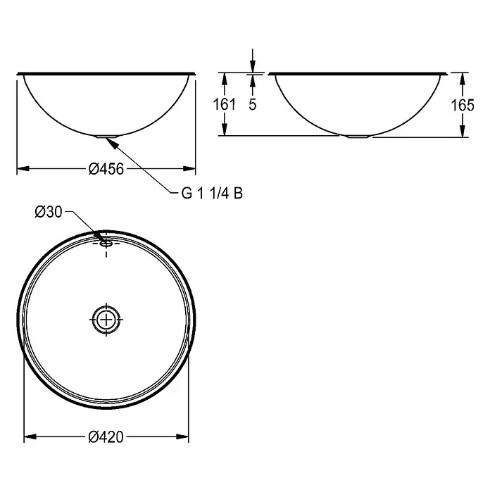 KWC Waschbecken KWC - Hahnloch: Ohne, Mit Überlauf, Edelstahl - Technische Zeichnung eines runden Waschbeckens: Ø456mm Durchmesser, 165mm Höhe, G 1 1/4 B Ablauf und Ø30mm Überlauf.