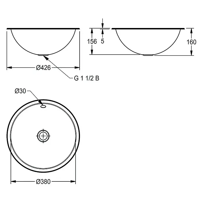 KWC Waschbecken KWC - Mit Überlauf, Edelstahl - Technische Zeichnung eines runden Waschbeckens mit Maßen, z.B. 426mm Außendurchmesser, 160mm Höhe und G 1 1/2 B Ablaufanschluss.