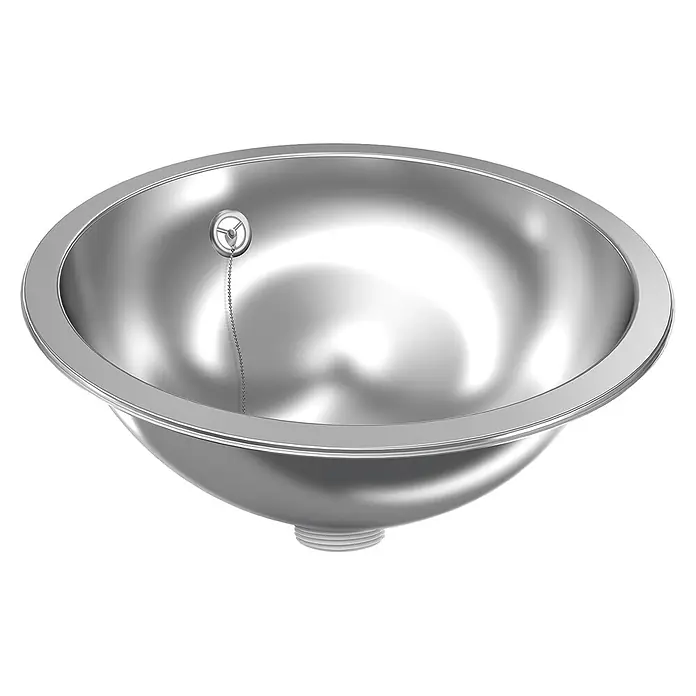 KWC Waschbecken KWC - Mit Überlauf, Edelstahl - Ein glänzendes silbernes Edelstahl-Waschbecken mit Abflussstöpsel und Kette.