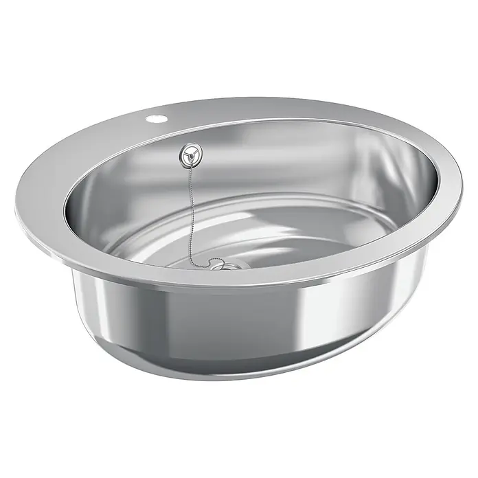 KWC Waschbecken KWC - Mit Überlauf, Edelstahl - Glänzendes ovales Spülbecken aus Edelstahl mit integriertem Abflussstopfen, Kette und Überlauf.