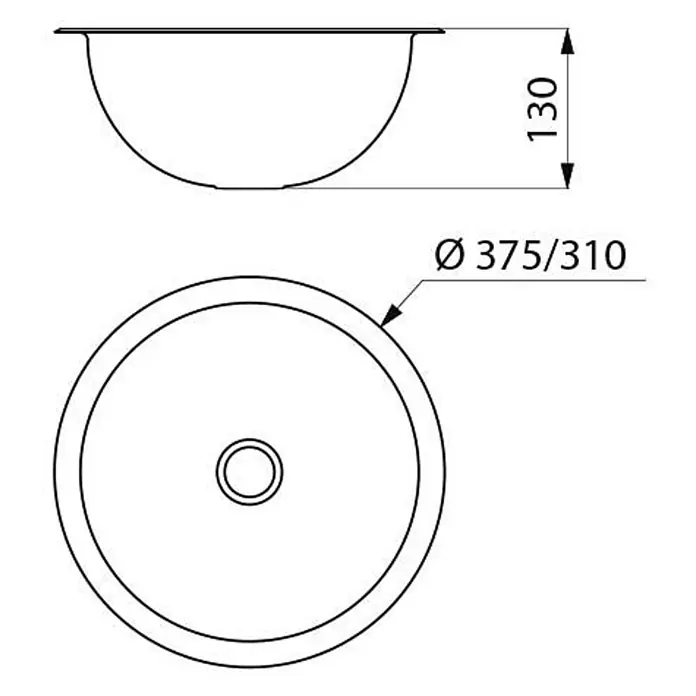 Delabie Waschtisch Delabie - Ohne Überlauf, Edelstahl - Technische Zeichnung eines runden Beckens mit 375/310mm Durchmesser und 130mm Höhe, Seiten- und Draufsicht.