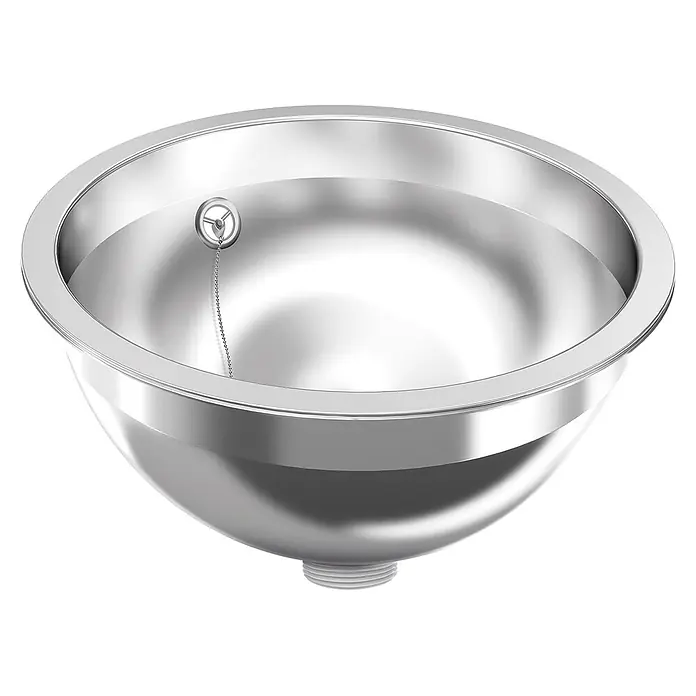 KWC Einbauwaschbecken - 35,29 x 21,3 cm, Mit Überlauf, Edelstahl - Silbernes Metallwaschbecken, teilweise mit Wasser gefüllt, mit Stöpsel und Kette.