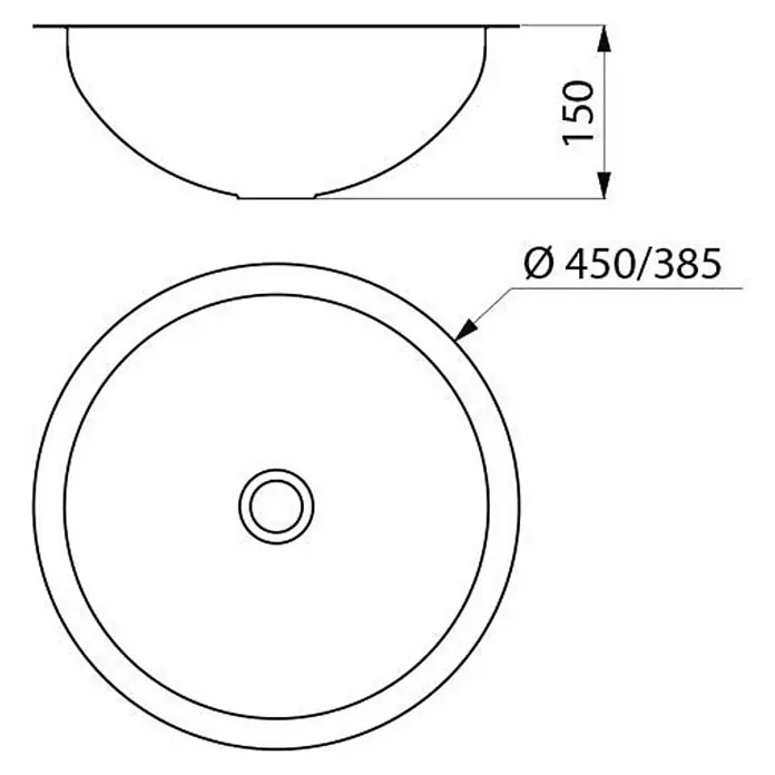 Delabie Waschtisch Delabie - Ohne Überlauf, Edelstahl - Technische Zeichnung eines runden Waschbeckens, 150mm hoch, mit Außendurchmesser 450mm und Innendurchmesser 385mm.
