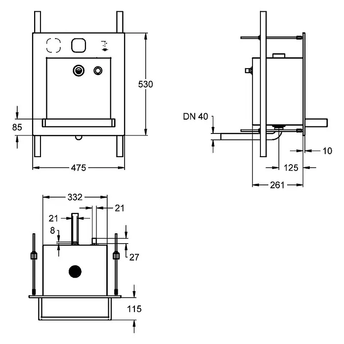 KWC Waschbecken KWC - Edelstahl - Technische Zeichnung eines Unterputzspülkastens oder WC-Vorwandelements, mit Vorder-, Seiten- und Draufsicht und Maßen.