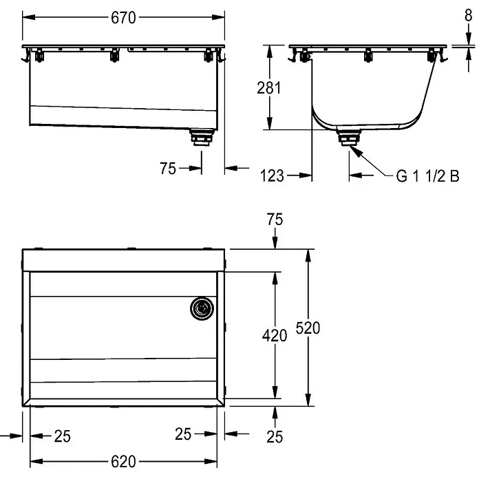 KWC Waschbecken KWC - B x L: 32 x 73,5 cm, Hahnloch: Ohne, Ohne Überlauf, Edelstahl - Technische Zeichnung eines rechteckigen Unterbaubeckens mit Maßen und Ablaufanschluss (G 1 1/2 B).