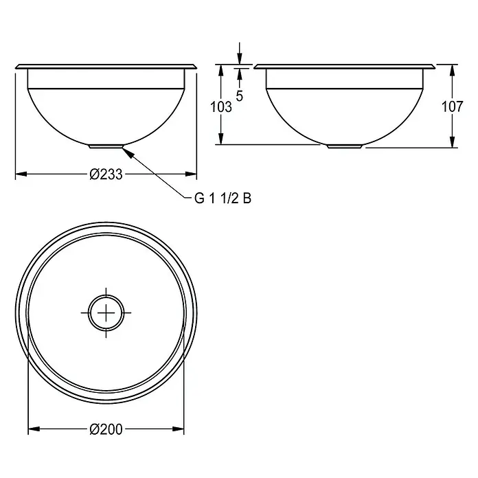 KWC Einbauwaschbecken KWC AR Rundbecken, RONDO, Edelstahl, hgl, 233x107 mm, Ablaufgarnitur - 35,29 x 21,3 cm, Ohne Überlauf, Edelstahl - Technische Zeichnung einer runden Spüle/Schale mit Abmessungen und G 1 1/2 B Anschluss.