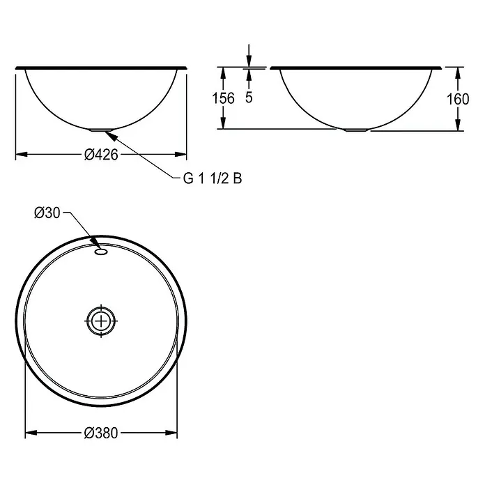 KWC Waschbecken KWC - Mit Überlauf, Edelstahl - Rundes Aufsatzwaschbecken: Ø426mm, Höhe 160mm, G 1 1/2 B Ablauf.