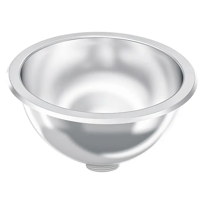 KWC Einbauwaschbecken KWC AR Rundbecken, RONDO, Edelstahl, hgl, 233x107 mm, Ablaufgarnitur - 35,29 x 21,3 cm, Ohne Überlauf, Edelstahl - Eine silberfarbene Metallschale, möglicherweise ein Spülbecken, mit Gewindeboden zur Installation.