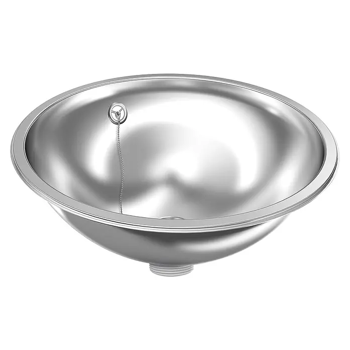 KWC Waschbecken KWC - Mit Überlauf, Edelstahl - Eine silberne Metallspüle mit Abflussstöpsel und Kette.