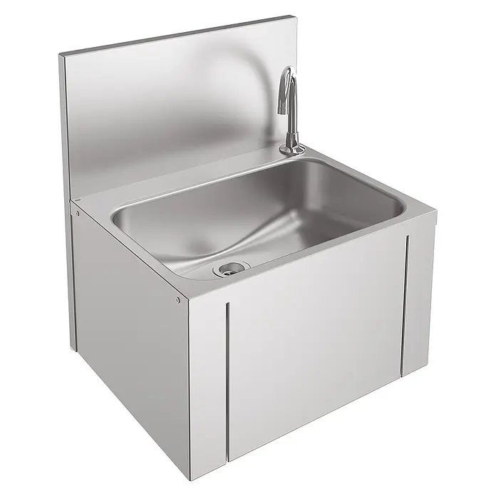 KWC Einbauwaschbecken KWC AR Einzelwaschtisch, ANIMA, Edelstahl, 460x520x380 mm, Kniebetätigung - 47 x 63 cm, Ohne Überlauf, Edelstahl - Edelstahlwaschbecken mit integrierter Armatur und Rückwand.