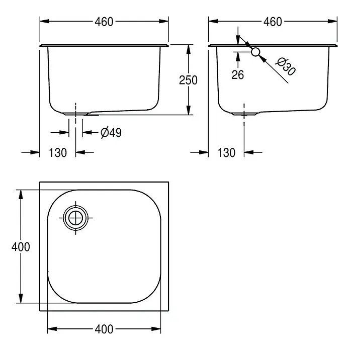 KWC Einbauwaschbecken KWC AR Einlegebecken, SIRIUS, Edelstahl, 460x250x460 mm, Überlauf - 30 x 49 cm, Edelstahl - Technische Zeichnung einer Einzelspüle mit Maßen: 460x400x250mm, inklusive Abfluss und Überlaufdetails.