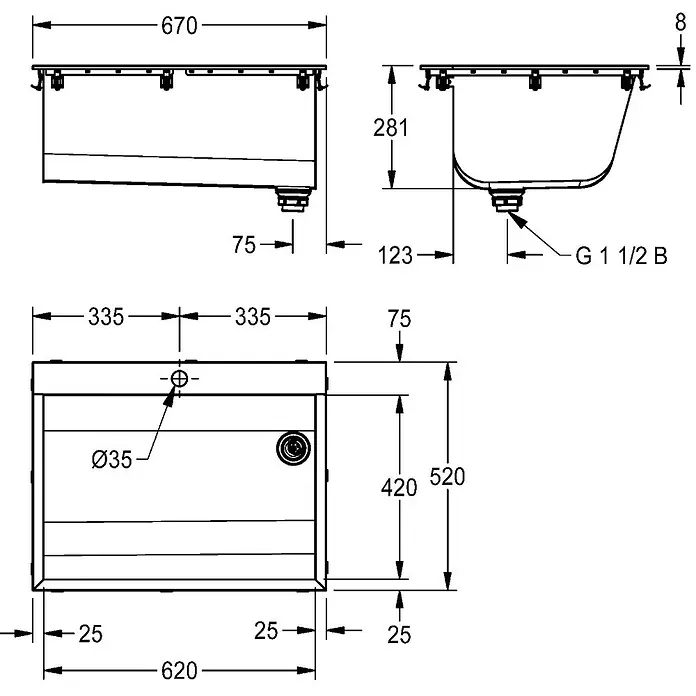 KWC Waschbecken KWC - B x L: 32 x 73,5 cm, Edelstahl - Technische Zeichnung eines rechteckigen Spülbeckens. Maße (L 670, B 520, T 281), Ablauf G 1 1/2 B und Ø35 Armaturenloch dargestellt in Vorder-, Seiten- und Draufsicht.