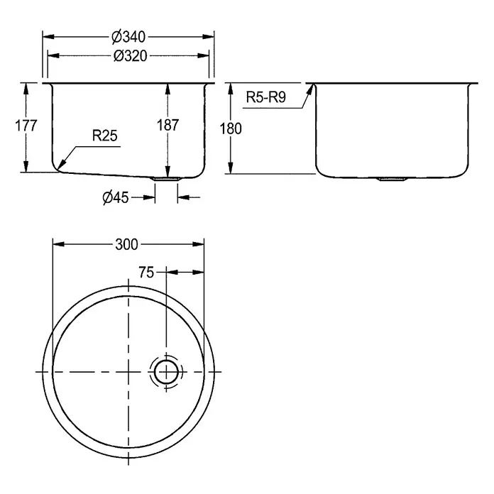 KWC Waschbecken KWC - Edelstahl - Technische Zeichnung eines runden Spülbeckens: oberer Durchmesser 340mm, Beckentiefe 180mm, Ablaufdurchmesser 45mm, Innenradius R25.