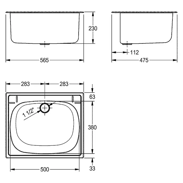 KWC Einbauwaschbecken SIRIUS - 26 x 50 cm, Edelstahl - Technische Zeichnung einer rechteckigen Spüle, 565x475x230mm, mit 1 1/2" Abfluss und detaillierten Maßen.