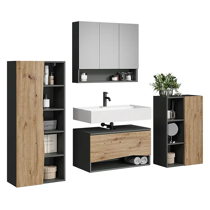 Vicco Badmöbel-Set - Artisan-Eiche, Matt - Badmöbelset in Dunkelgrau und Eiche mit Hochschrank, Waschtisch, Spiegelschrank und Beistellschrank.