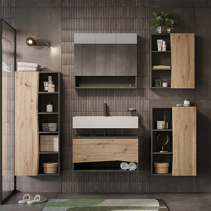 Vicco Badmöbel-Set - Artisan-Eiche, Matt - Modernes Badmöbelset mit Holzoptik-Waschtisch, weißem Waschbecken, dunkelgrauen Schränken und Spiegelschrank, bietet viel Stauraum.