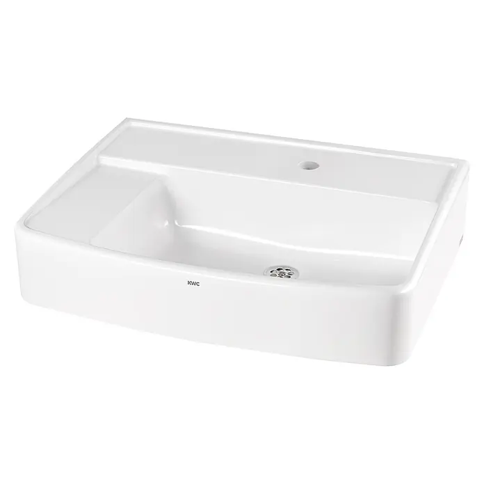 KWC Einbauwaschbecken KWC AR Klassenzimmerbecken, SIRIUS, MIRANIT, 600x150x450 mm, mit Hahnloch - 22,5 x 83 cm, Alpinweiß - Weißes Keramikwaschbecken mit integriertem Abfluss, Überlauf und KWC-Logo.