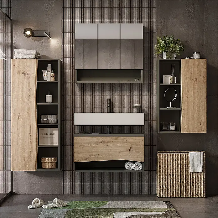 Vicco Badmöbel-Set - Artisan-Eiche, Matt - Moderne Badezimmermöbel mit weißem Waschbecken, Holzoptik- und Grautönen für Stauraum.