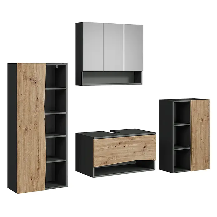 Vicco Badmöbel-Set - Artisan-Eiche, Matt - Modulares Badmöbel-Set: Dunkelgraue Korpusse mit hellen Holzmaserungs- und hellgrauen Fronten, inklusive Schränken, Waschtischunterschrank und Regalen.