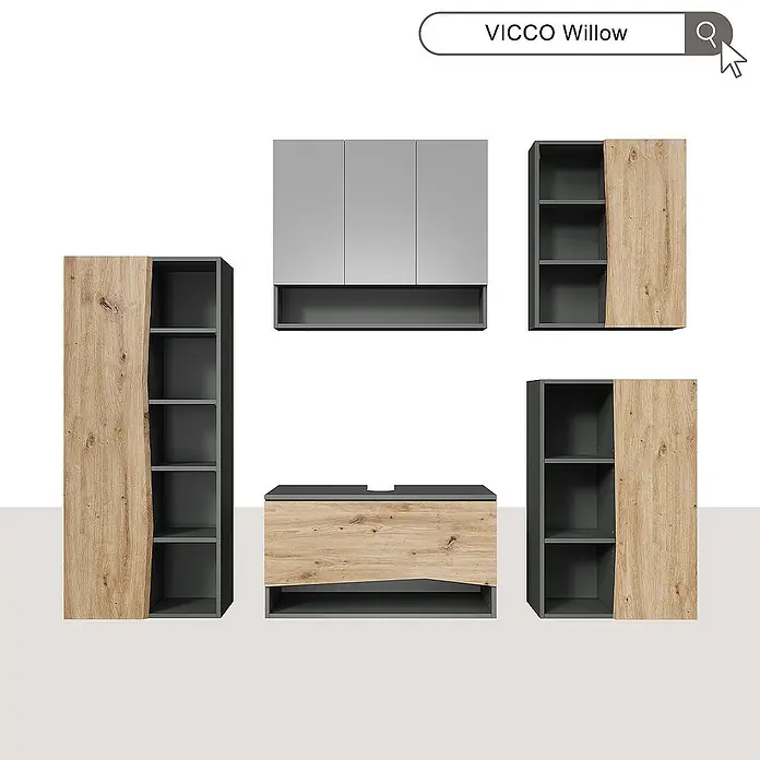 Vicco Badmöbel-Set - Artisan-Eiche, Matt - VICCO Willow Badmöbelset in Grau und heller Holzoptik, bestehend aus Spiegelschrank, Waschtischunterschrank und verschiedenen Regalschränken.