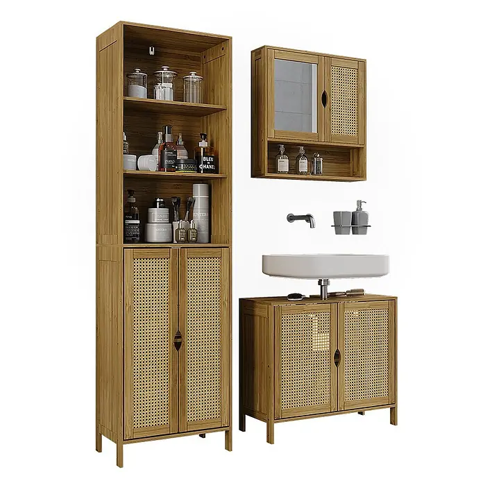Vicco Badmöbel-Set - Bambus, Matt - Bambus Badezimmermöbel-Set mit Rattan-Geflecht: Hochschrank, Spiegelschrank, Waschtischunterschrank.