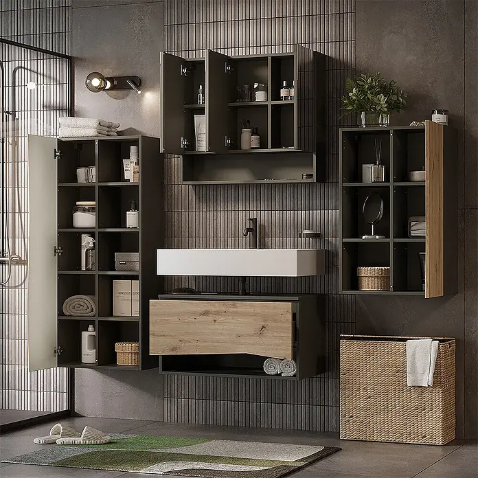 Vicco Badmöbel-Set - Artisan-Eiche, Matt - Moderne Badmöbel und modulare Aufbewahrungseinheiten in Dunkelgrau und Holz, mit weißem Waschbecken, offenen Regalen und geschlossenen Schränken.