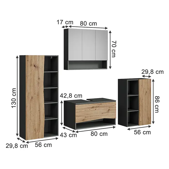 Vicco Badmöbel-Set - Artisan-Eiche, Matt - Modulare Aufbewahrungsmöbel in Dunkelgrau und heller Holzoptik, bestehend aus verschiedenen Schränken und einem Unterschrank.