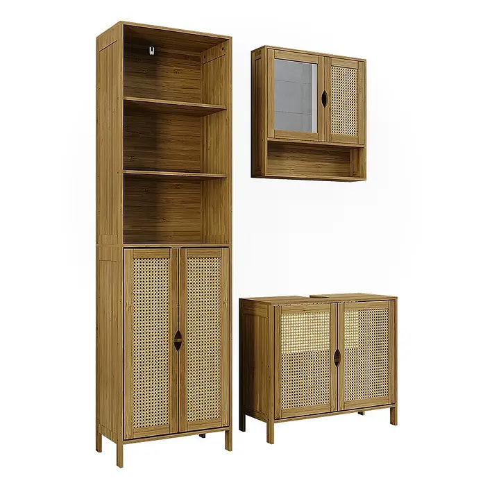 Vicco Badmöbel-Set - Bambus, Matt - Set aus drei hellbraunen Bambus-Badschränken: ein Hochschrank, ein Wandschrank mit Spiegel und ein Waschtischunterschrank, alle mit Rattan-Türen.