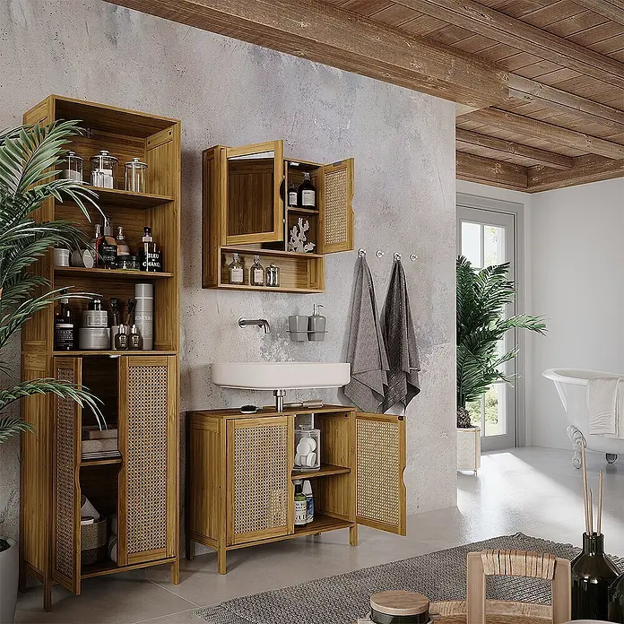 Vicco Badmöbel-Set - Bambus, Matt - Badezimmermöbelset aus Bambus mit Rattantüren, bestehend aus Hochschrank, Spiegelschrank und Waschtischunterschrank.
