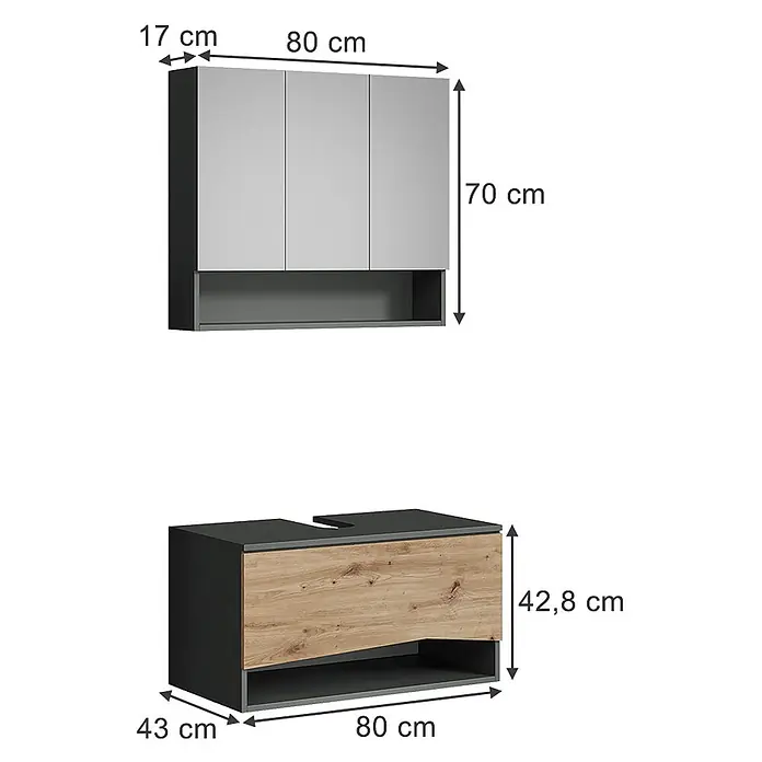 Vicco Badmöbel-Set - Artisan-Eiche, Matt - Modernes Badmöbel-Set: hellgrauer Hängeschrank mit offenem Fach und Waschtischunterschrank in Holzoptik mit dunkler Platte.