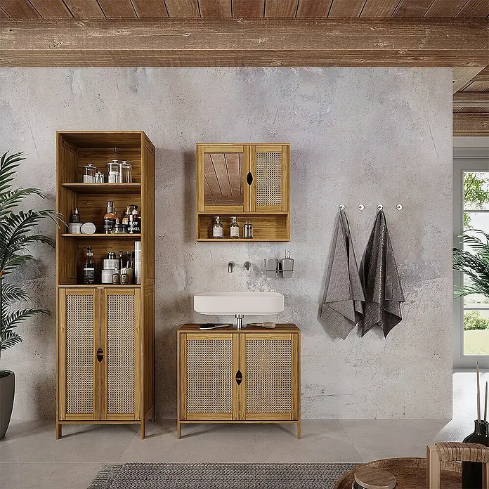 Vicco Badmöbel-Set - Bambus, Matt - Set aus hellem Holz- und Rattan-Badmöbeln mit Hochschrank, Waschtischunterschrank und Spiegelschrank.