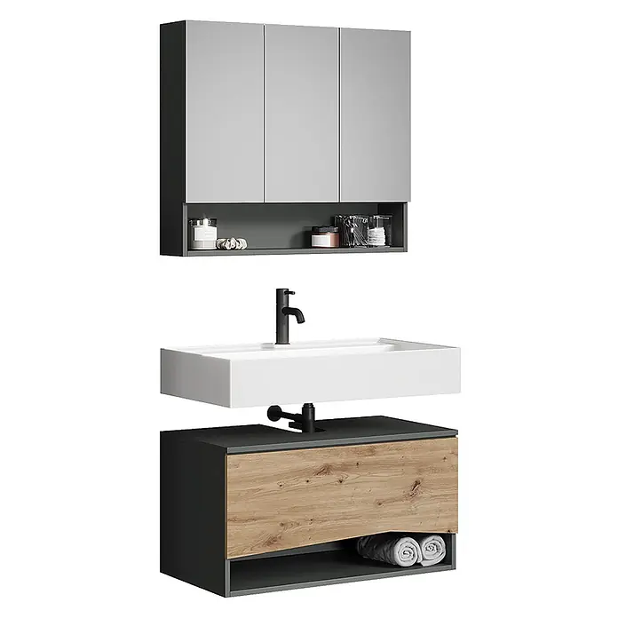 Vicco Badmöbel-Set - Artisan-Eiche, Matt - Modernes Badmöbel-Set in Grau mit weißem Waschbecken, schwarzem Wasserhahn, heller Holzschublade und Ablage.