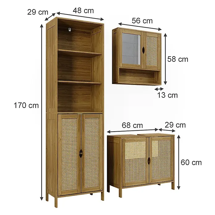Vicco Badmöbel-Set - Bambus, Matt - Set aus drei hellbraunen Möbelstücken aus Holz und Rattan: ein hoher Schrank, ein Wandschrank und ein Sideboard.