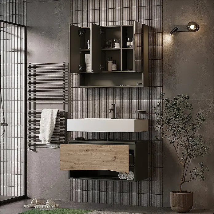 Vicco Badmöbel-Set - Artisan-Eiche, Matt - Modernes dunkelgraues Badmöbel mit weißem Waschbecken, Holzschublade und passendem Wandschrank für Toilettenartikel.