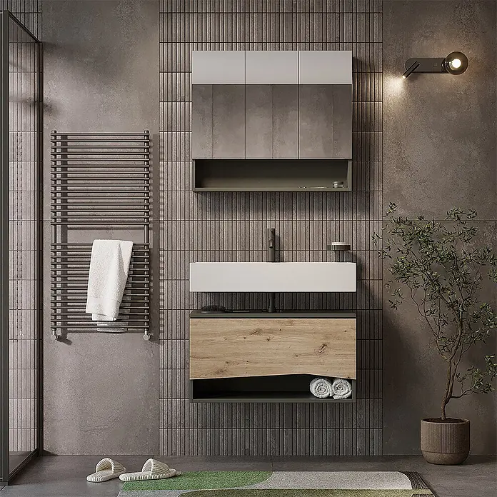 Vicco Badmöbel-Set - Artisan-Eiche, Matt - Modernes Badezimmer mit weißem Waschbecken, hellem Holzwaschtisch, grauem Spiegelschrank und dunkelgrauem Handtuchwärmer.