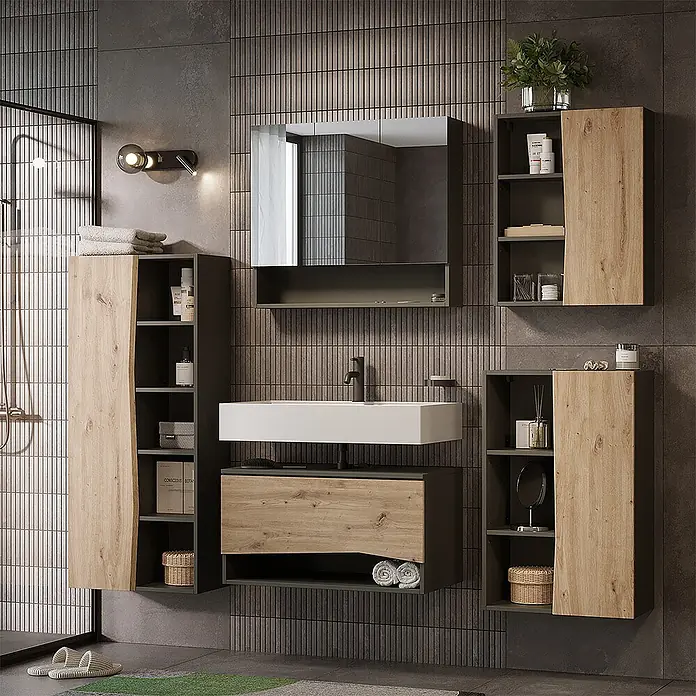 Vicco Badmöbel-Set - Artisan-Eiche, Matt - Modernes Badezimmermöbel-Set mit dunkelgrauen Rahmen und hellen Holzfronten, inklusive Waschtisch, Spiegelschrank und Aufbewahrungsschränken.