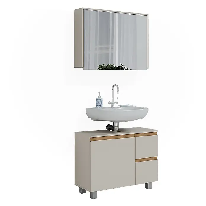 Vicco Badmöbel-Set J-Shape Cashmere/Artisan 2 Teile - Cashmere, Matt - Modernes Badmöbel-Set mit hellbeigem Spiegelschrank, weißem Aufsatzwaschbecken und passendem Unterschrank mit Holzdetails.
