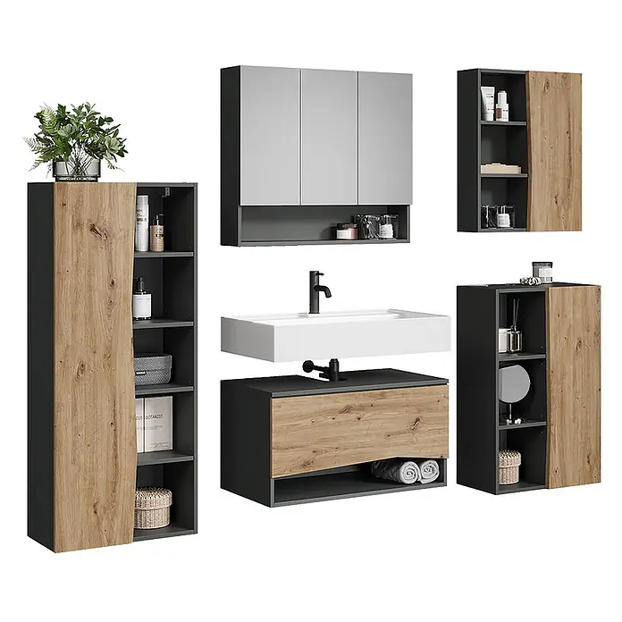 Vicco Badmöbel-Set - Artisan-Eiche, Matt - Badezimmermöbel-Set in Dunkelgrau und hellem Holz mit Hochschrank, Wandschrank, Spiegelschrank und Waschtischunterschrank mit Waschbecken.