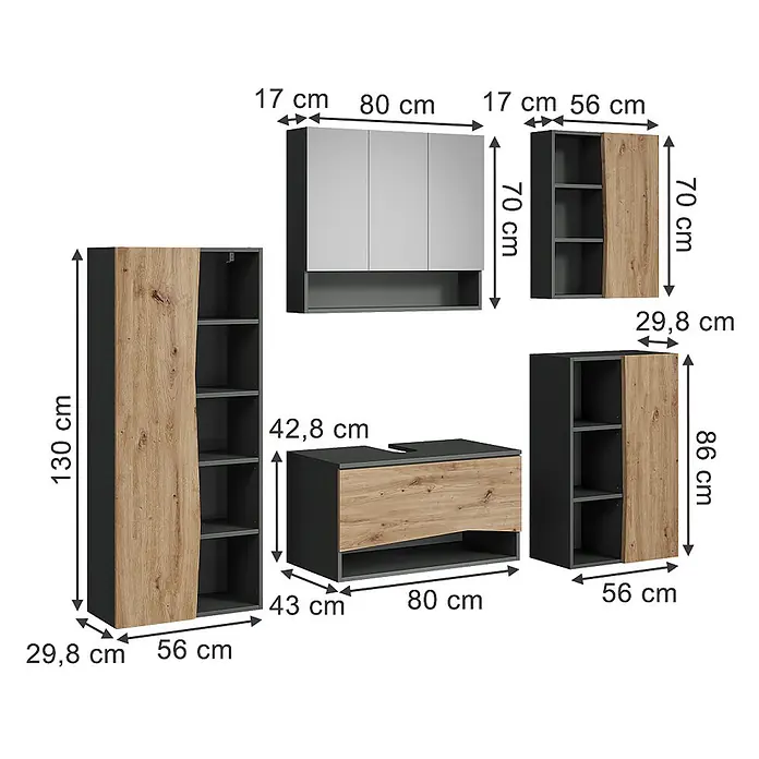 Vicco Badmöbel-Set - Artisan-Eiche, Matt - Modulares Möbelset in Dunkelgrau mit hellen Holzfronten, inklusive verschiedenen Schränken, Regalen und einem TV-Board für Wohnzimmerstauraum.