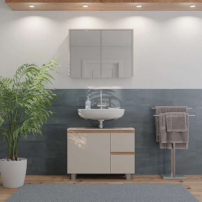 Vicco Badmöbel-Set J-Shape Cashmere/Artisan 2 Teile - Cashmere, Matt - Moderner Badezimmerschrank mit beigem Korpus, Holzplatte und weißem Keramikwaschbecken im stilvollen Bad.