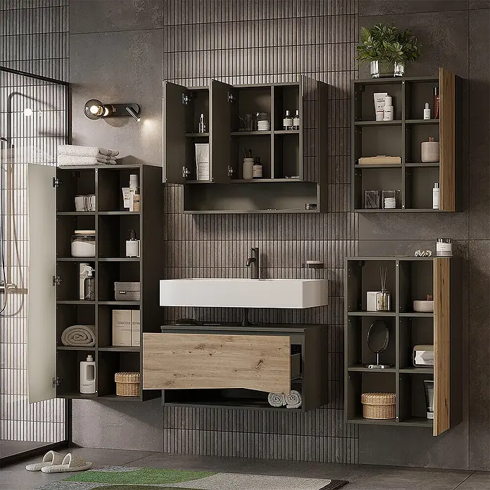 Vicco Badmöbel-Set - Artisan-Eiche, Matt - Modernes anthrazitfarbenes Badmöbel-Set mit Holz-Akzenten und weißem Waschbecken, bietet viel Stauraum.