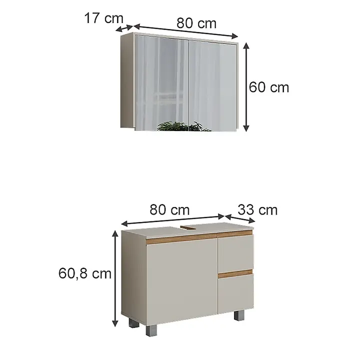 Vicco Badmöbel-Set J-Shape Cashmere/Artisan 2 Teile - Cashmere, Matt - Hellgrauer Spiegelschrank (80x60x17cm) und passender Waschtischunterschrank (80x60,8x33cm) mit Holzdetails.