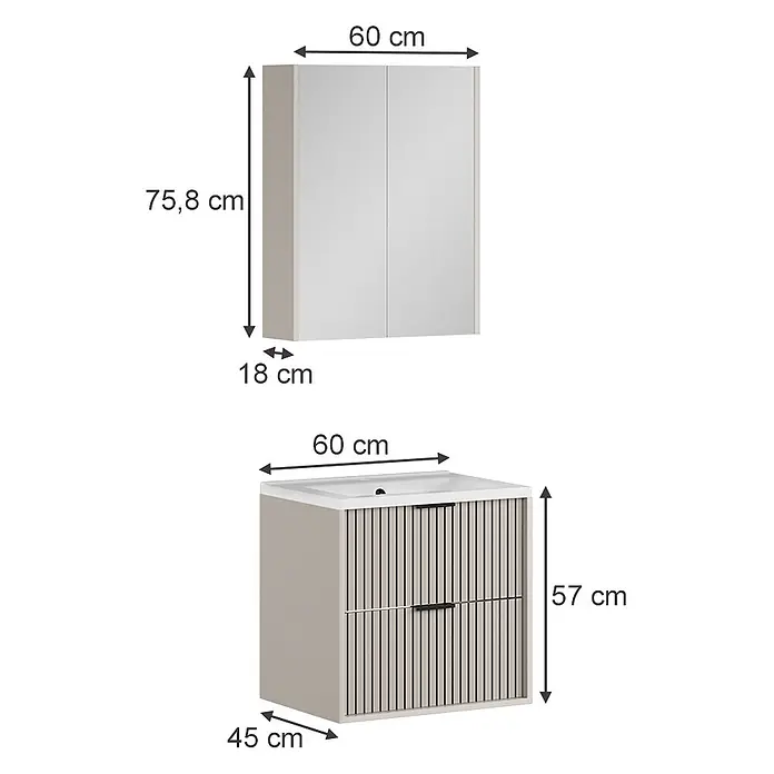 Vicco Badmöbel-Set Ruford Cashmere 3 Teile - Cashmere, Matt - Weißer Wandschrank (60x75.8x18cm) und beiger Waschtischunterschrank mit Spüle (60x57x45cm) fürs Bad.
