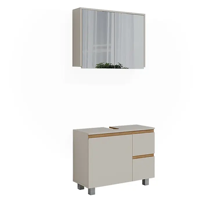 Vicco Badmöbel-Set J-Shape Cashmere/Artisan 2 Teile - Cashmere, Matt - Helles graues Badmöbel-Set mit Wandspiegel-Schrank und bodenstehendem Unterschrank mit Holzdetails und Metallfüßen.