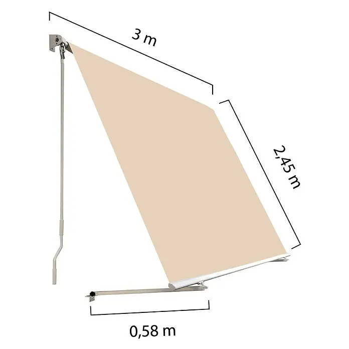 SmartSun Toldo para balcón Urban - Beige arena, Ancho: 3 m, Caída: 2,45 m - Imagen de un toldo con medidas de 3 m de ancho, 2,45 m de alto y 0,58 m de proyección, ideal para terrazas y balcones.
