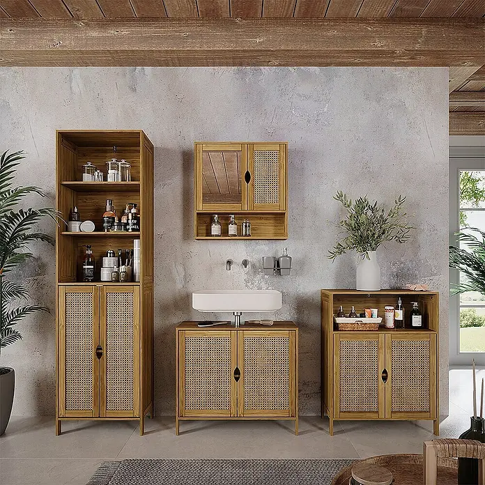 Vicco Badmöbel-Set - Bambus, Matt - Badezimmermöbel-Set aus hellem Holz mit Rohrgeflecht, bestehend aus Hochschrank, Waschtisch mit Waschbecken und Unterschränken.