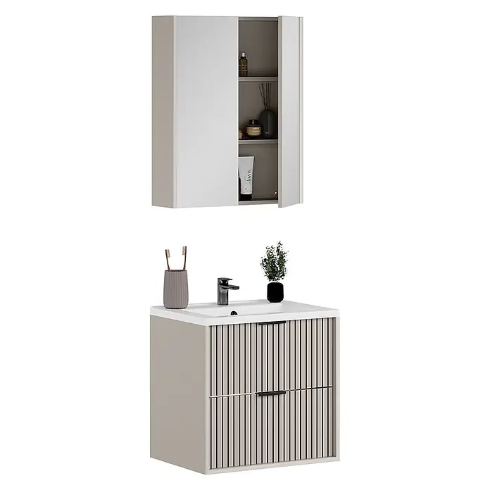 Vicco Badmöbel-Set Ruford Cashmere 3 Teile - Cashmere, Matt - Modernes Badmöbel-Set in Hellbeige mit geriffelten Schubladen, weißem Waschbecken, dunklem Wasserhahn und passendem Wandschrank.