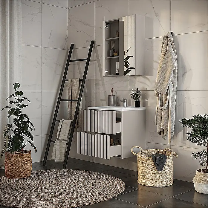 Vicco Badmöbel-Set Ruford Cashmere 3 Teile - Cashmere, Matt - Moderne hellgraue Badezimmermöbel mit weißer Platte und zwei strukturierten Schubladen, dazu passender Spiegelschrank.